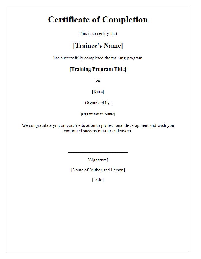 Letter template of training completion certificate for professional development