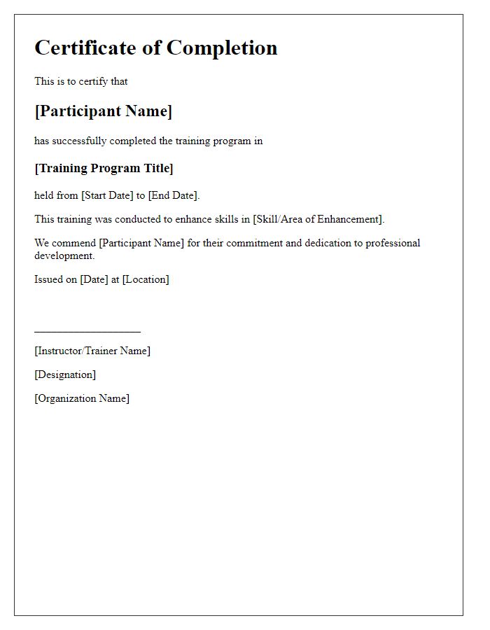 Letter template of training completion certificate for skill enhancement