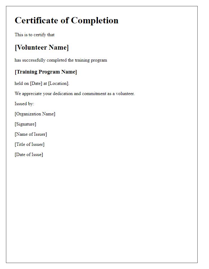 Letter template of training completion certificate for volunteers