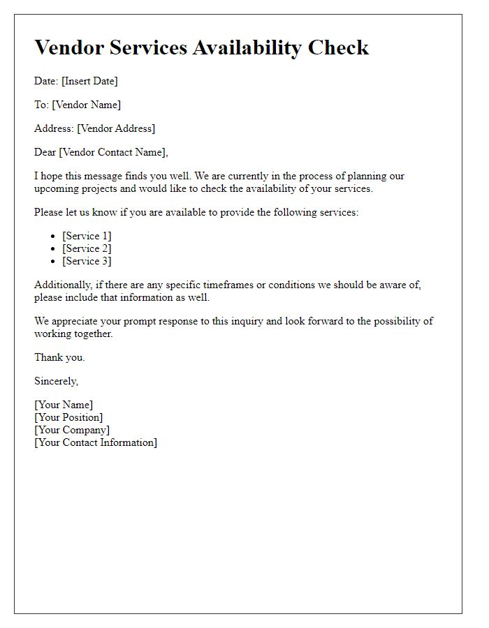 Letter template of vendor services availability check