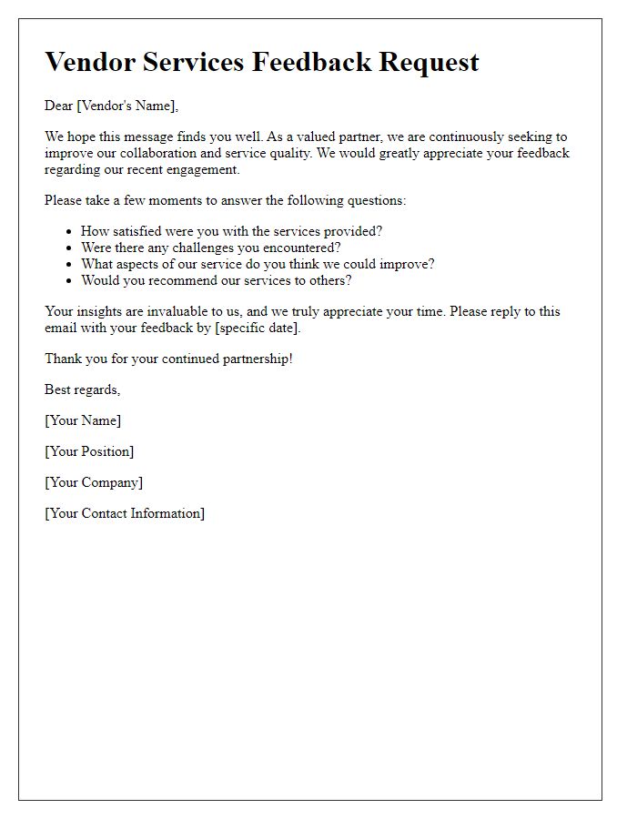 Letter template of vendor services feedback solicitation