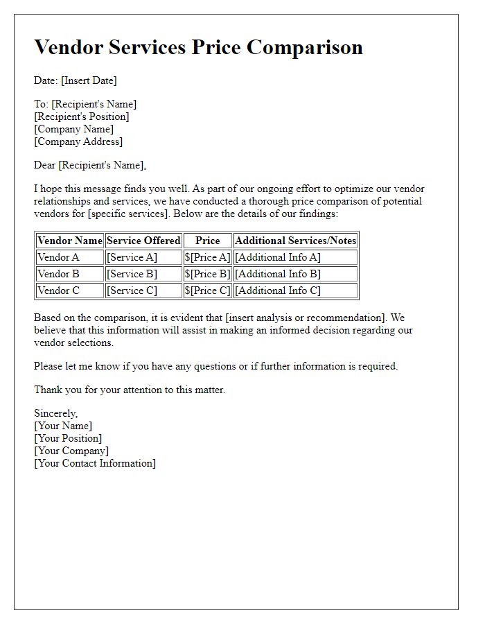 Letter template of vendor services price comparison