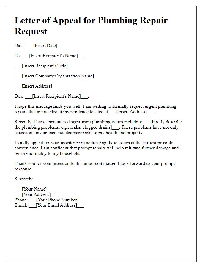 Letter template of appeal for plumbing repair request