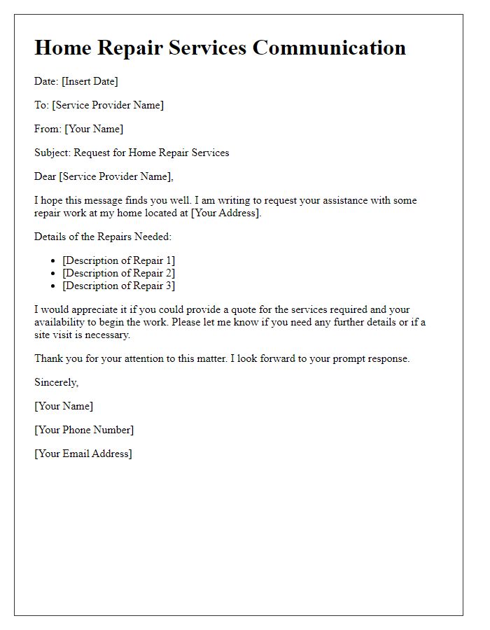 Letter template of communication for home repair services