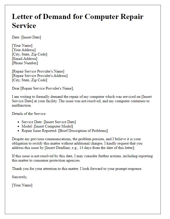 Letter template of demand for computer repair service