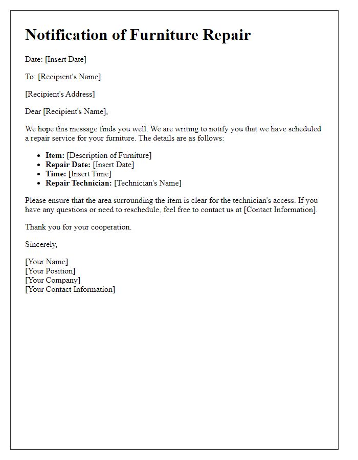 Letter template of notification for furniture repair