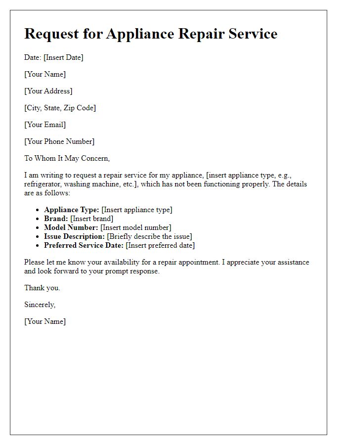 Letter template of request for appliance repair service