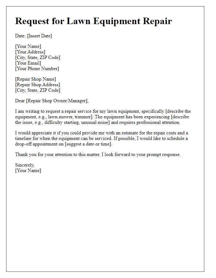 Letter template of request for lawn equipment repair