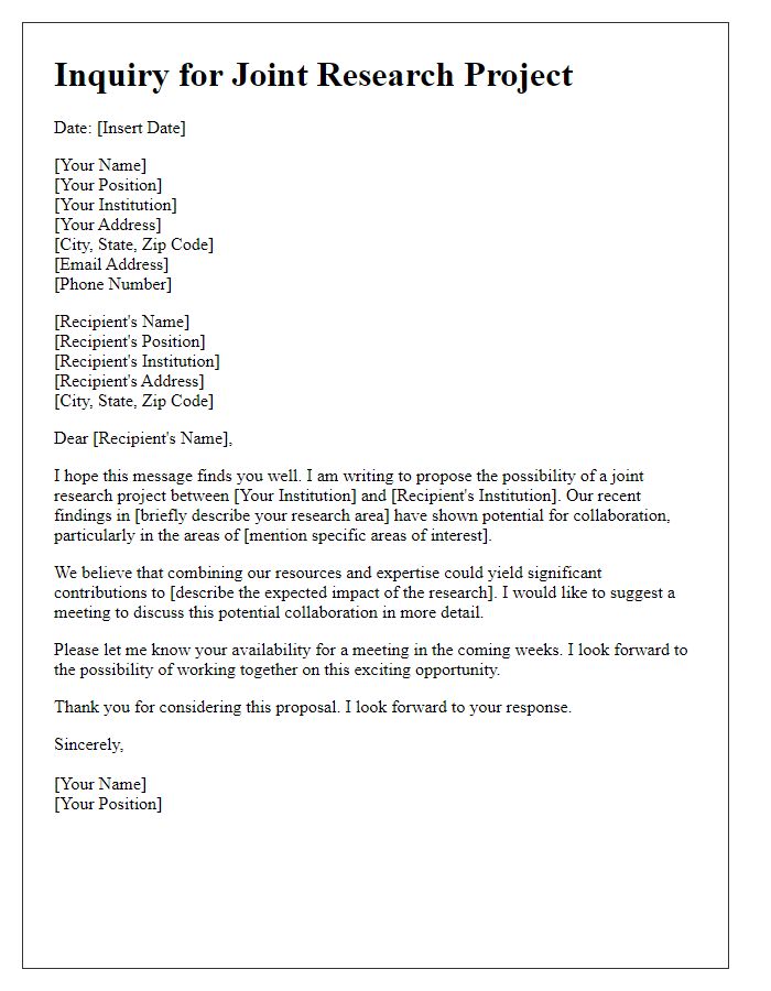 Letter template of academic research joint project inquiry