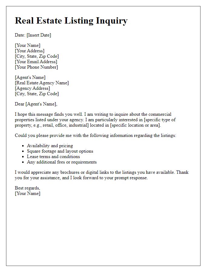 Letter template of real estate listing inquiry for commercial properties