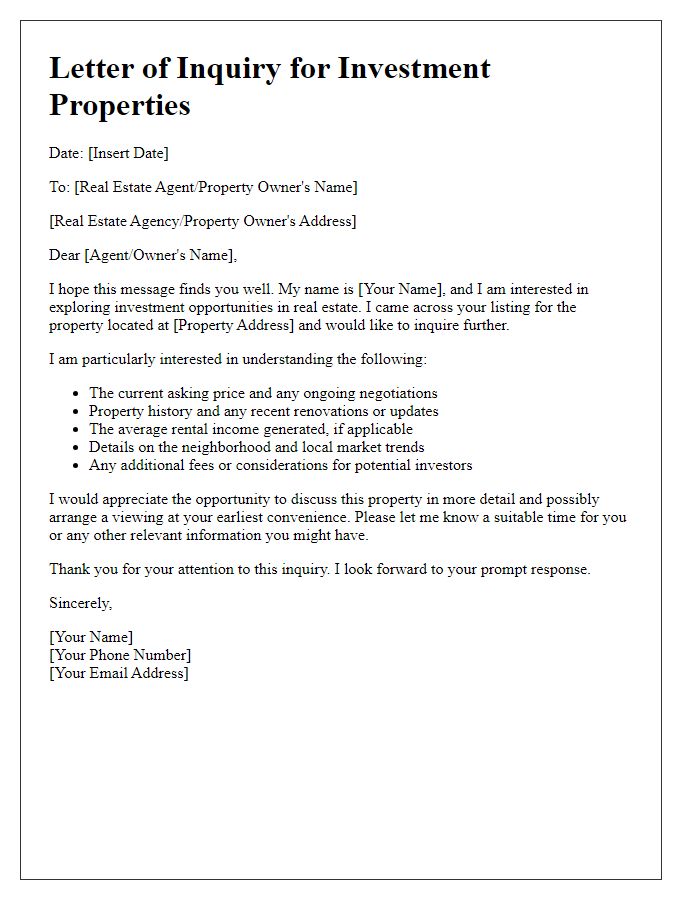 Letter template of real estate listing inquiry for investment properties