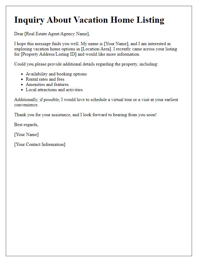 Letter template of real estate listing inquiry for vacation homes