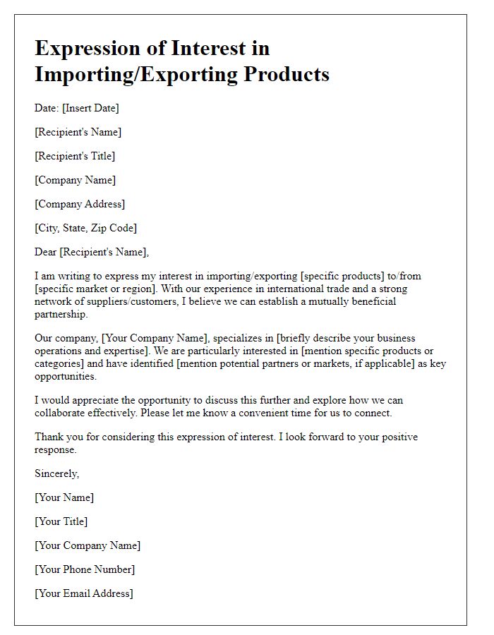 Letter template of expression of interest in importing/exporting specific products