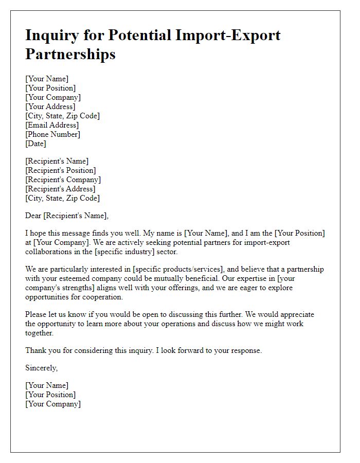 Letter template of inquiry for potential import-export partnerships