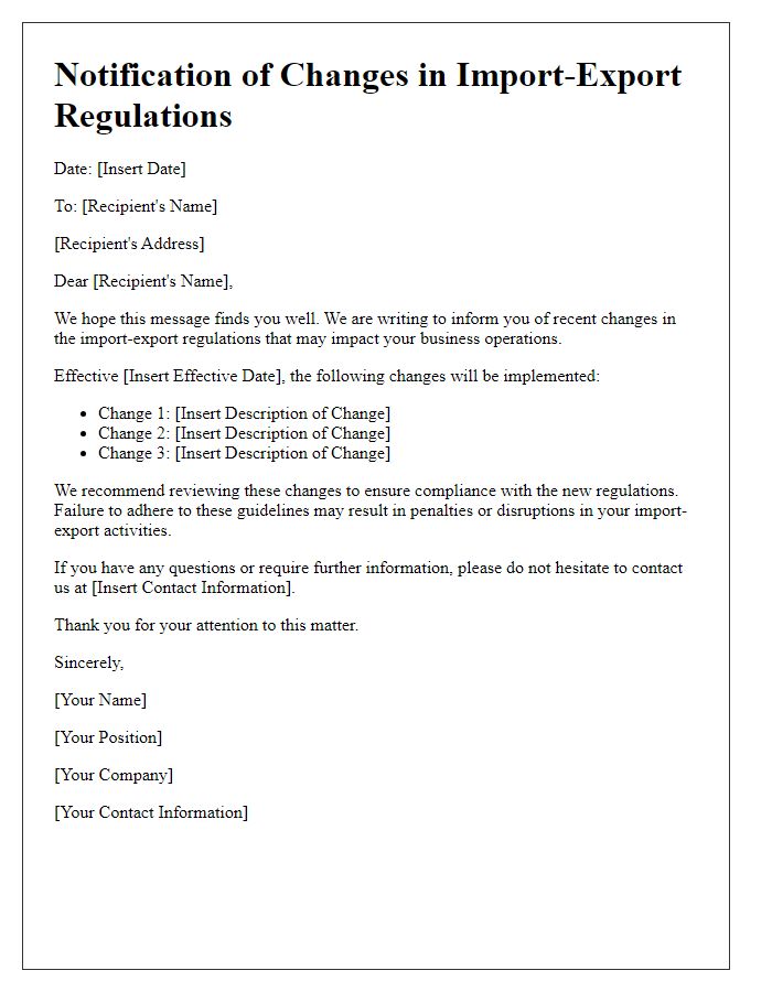 Letter template of notification for changes in import-export regulations