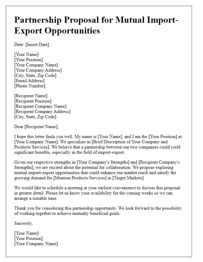 Letter template of partnership proposal for mutual import-export opportunities