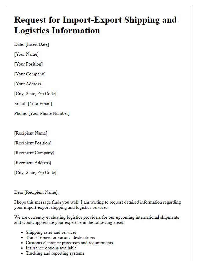 Letter template of request for import-export shipping and logistics information