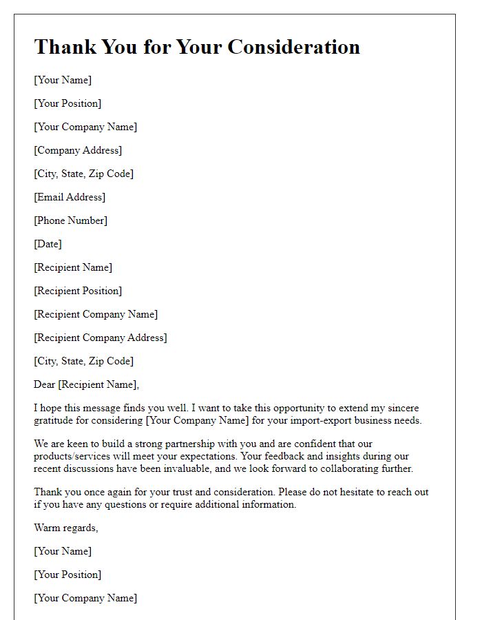 Letter template of thank you for import-export business considerations