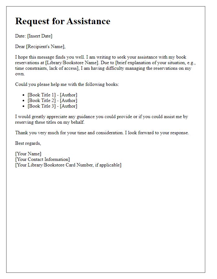 Letter template of asking for assistance with book reservations