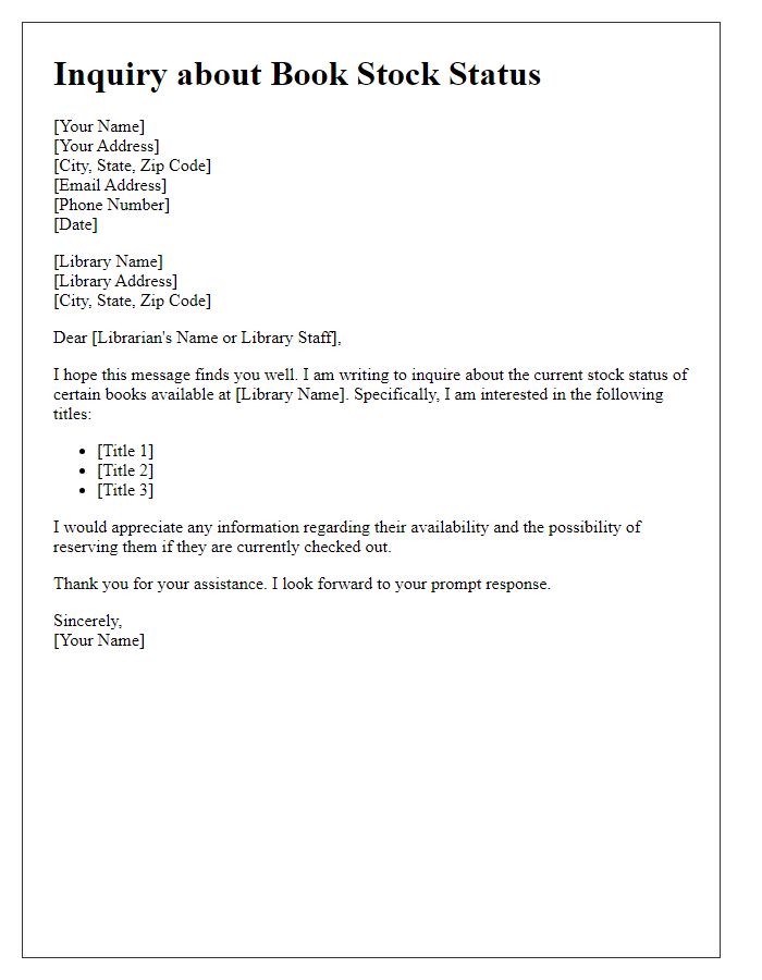 Letter template of inquiry about library book stock status