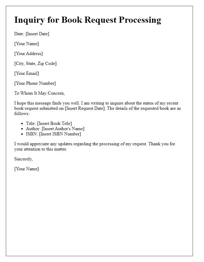 Letter template of inquiry for book request processing