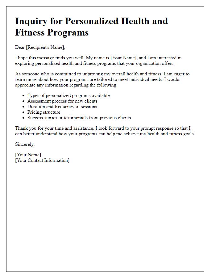 Letter template of inquiry for personalized health and fitness programs