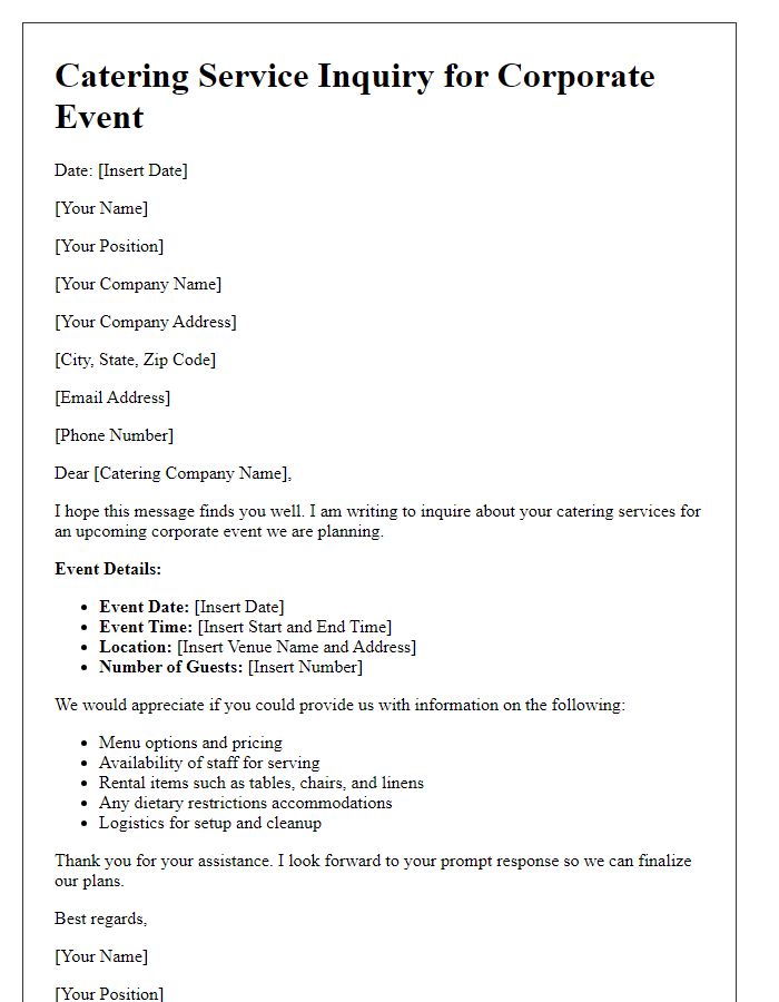 Letter template of catering service inquiry for corporate event