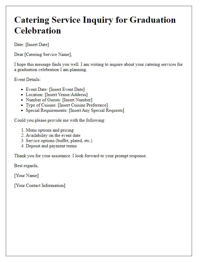 Letter template of catering service inquiry for graduation celebration