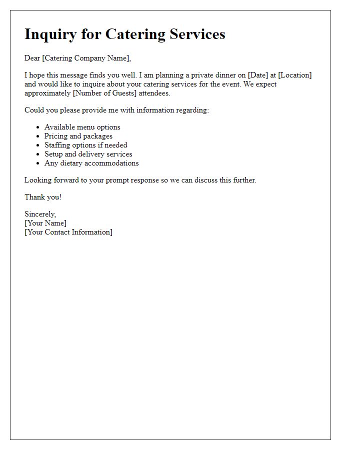 Letter template of catering service inquiry for private dinner