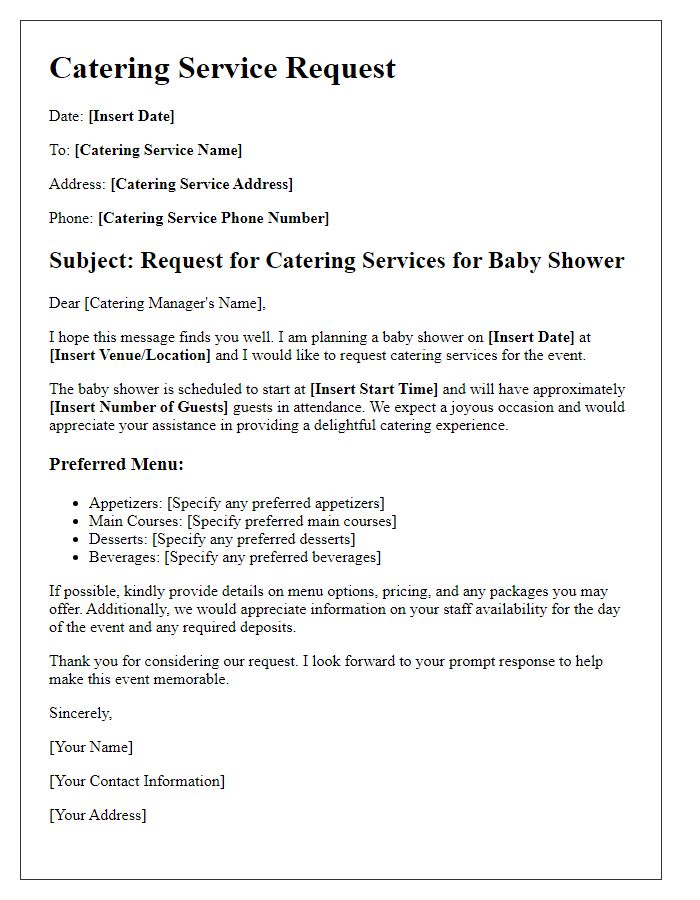 Letter template of catering service request for baby shower