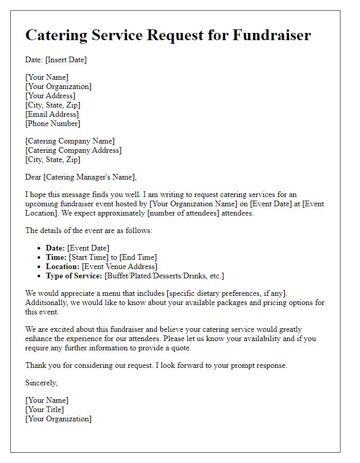 Letter template of catering service request for fundraiser