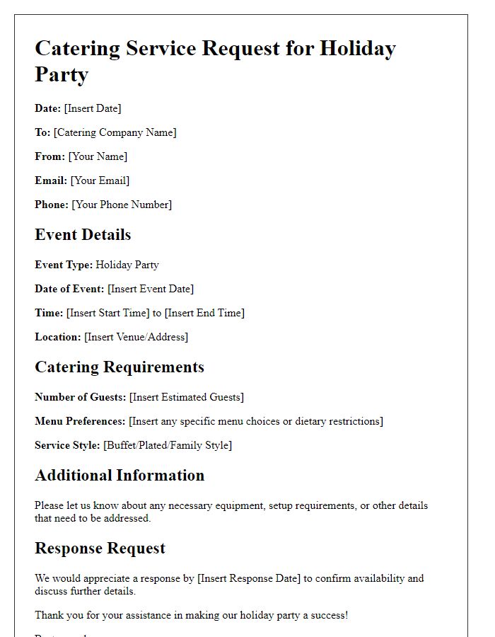 Letter template of catering service request for holiday party