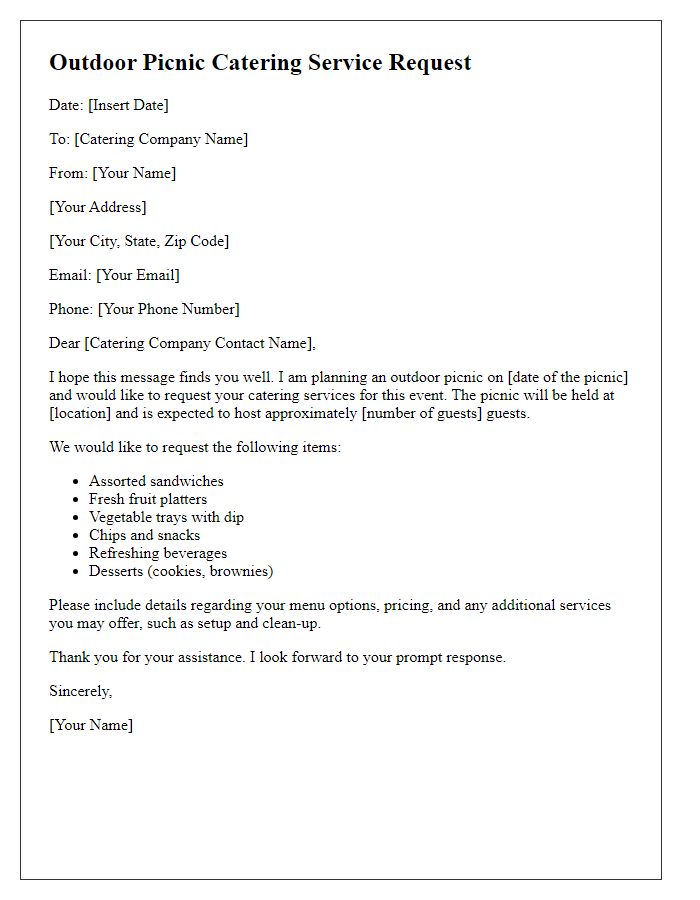 Letter template of catering service request for outdoor picnic