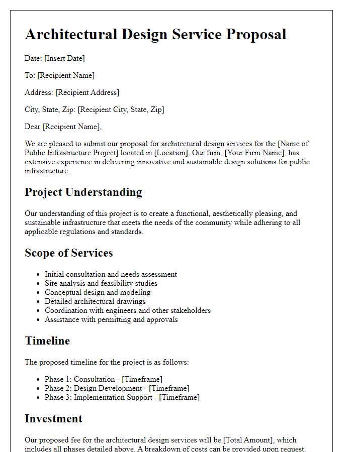 Letter template of architectural design service proposal for public infrastructure