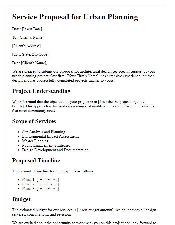 Letter template of architectural design service proposal for urban planning