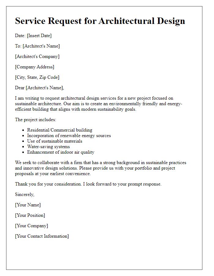 Letter template of architectural design service request for sustainable architecture