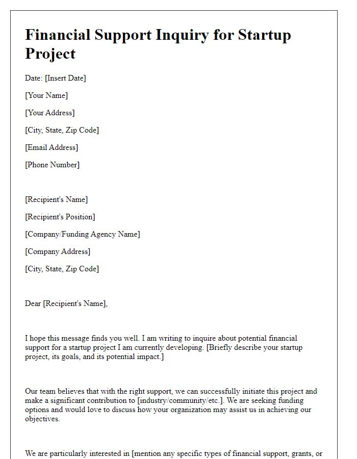 Letter template of financial support inquiry for startup project