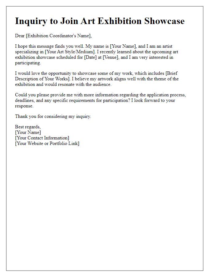 Letter template of inquiry to join an art exhibition showcase.