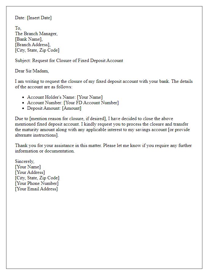 Letter template of fixed deposit account closure