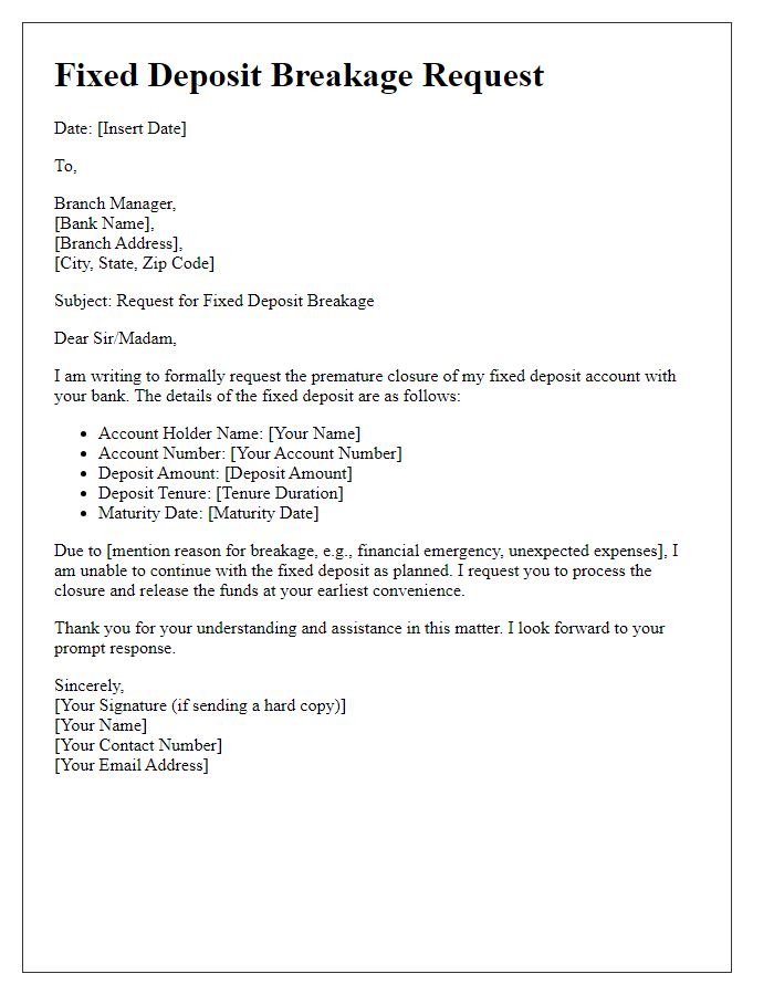 Letter template of fixed deposit breakage request