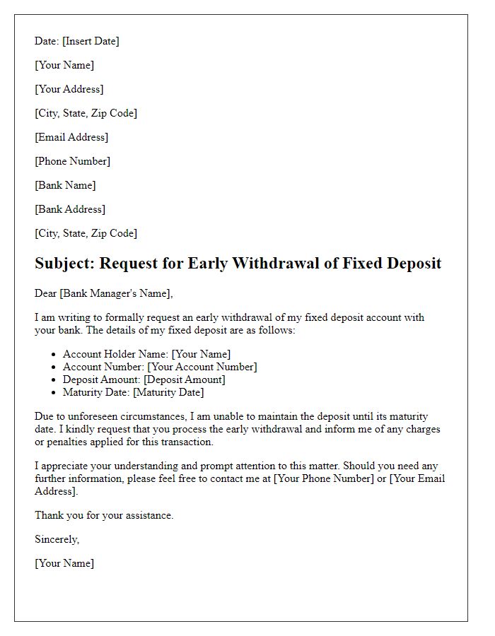 Letter template of fixed deposit early withdrawal