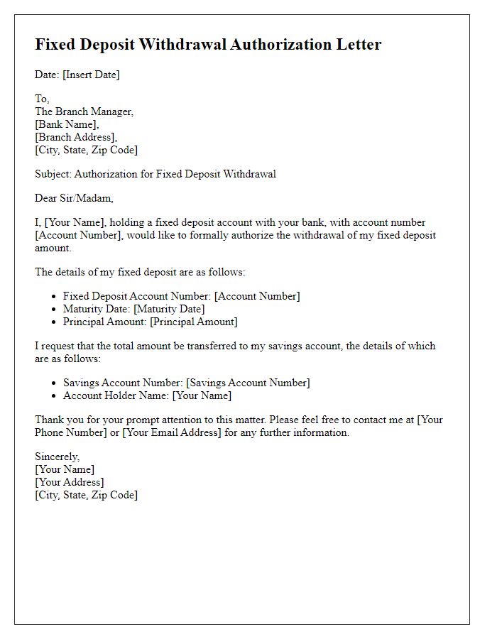 Letter template of fixed deposit withdrawal authorization