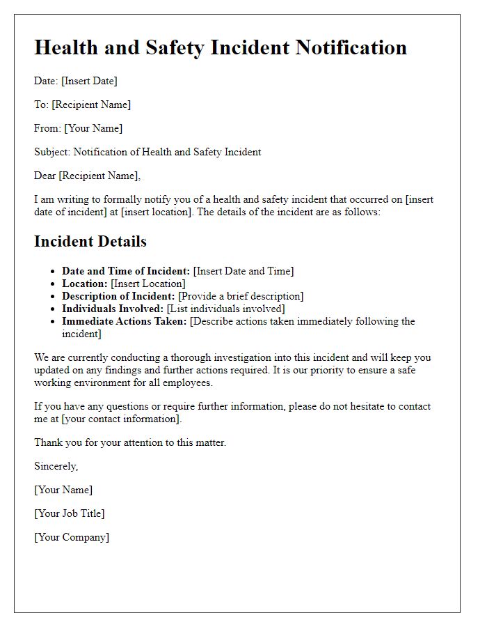 Letter template of health and safety incident notification