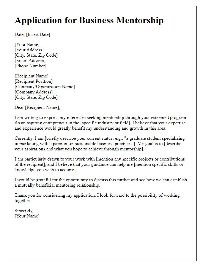 Letter template of application for business mentorship