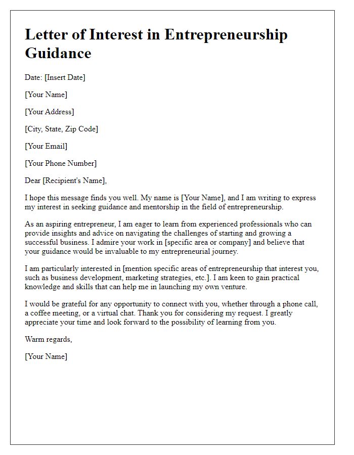 Letter template of interest in entrepreneurship guidance