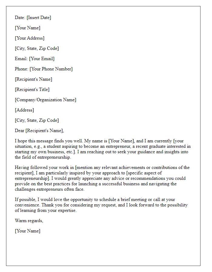 Letter template of request for guidance on entrepreneurship