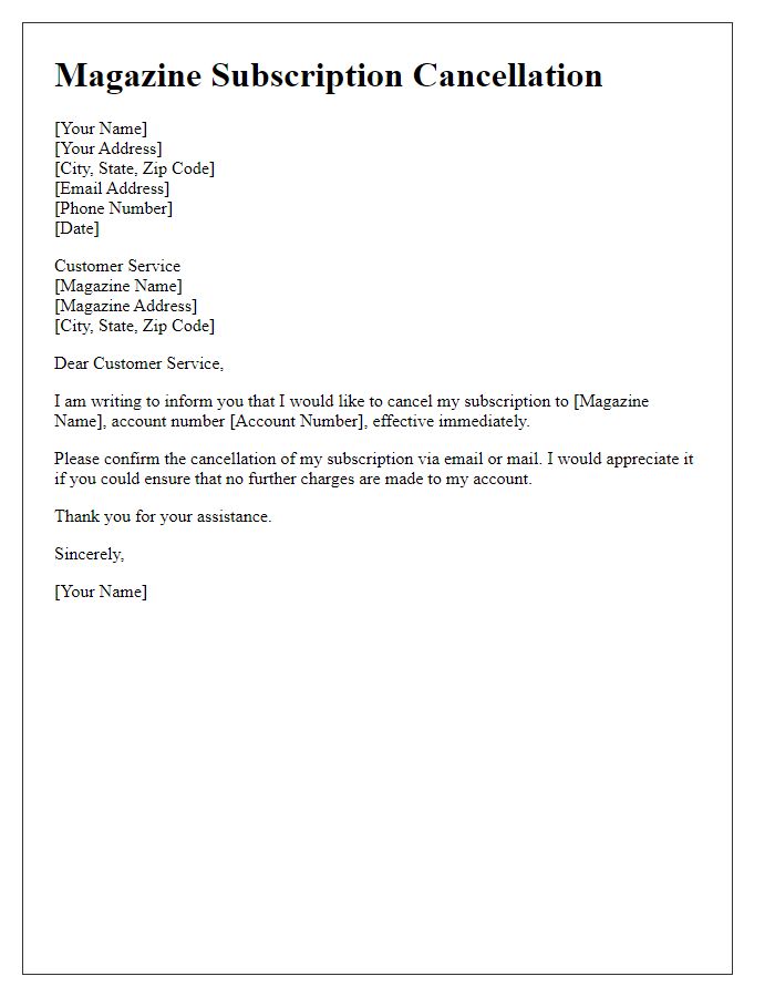 Letter template of magazine subscription cancellation