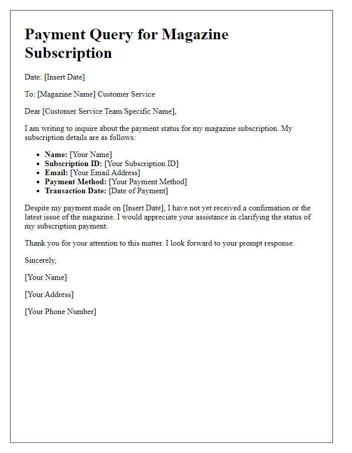 Letter template of magazine subscription payment query