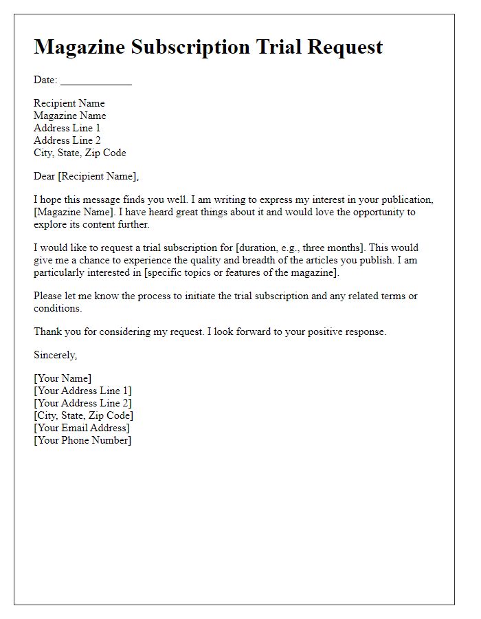 Letter template of magazine subscription trial request