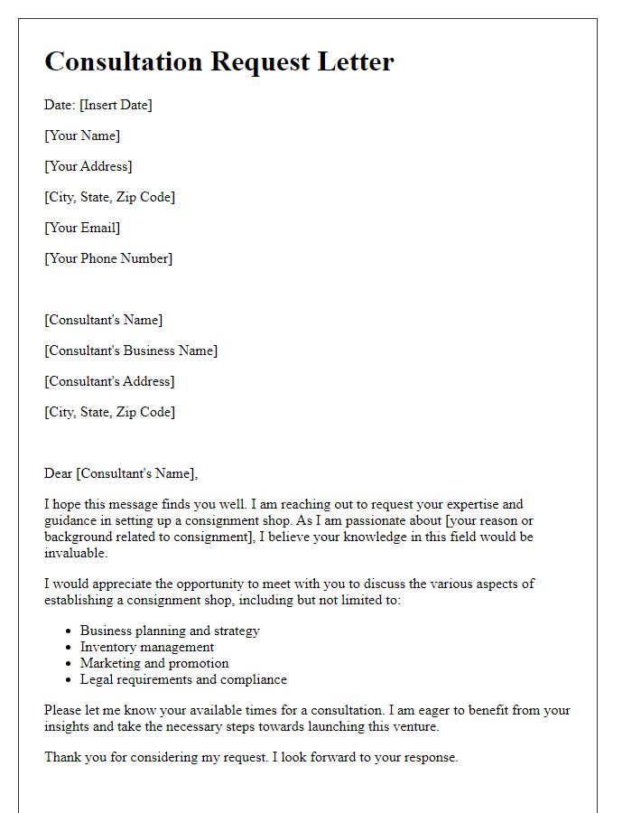 Letter template of consultation request for consignment shop setup